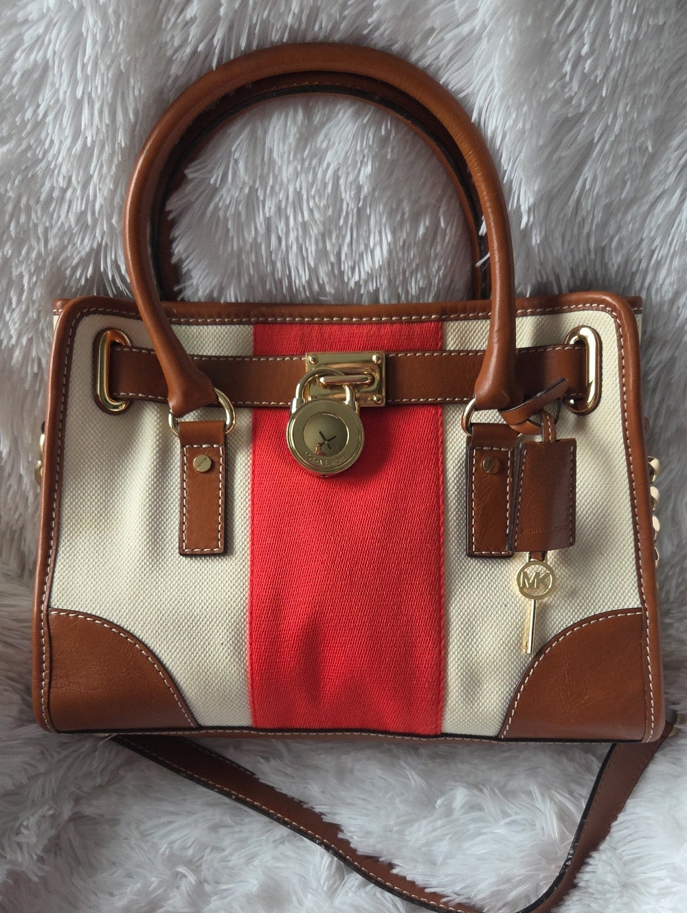 Michael Kors Brown Leather & Red Canvas Satchel with Cream Panels